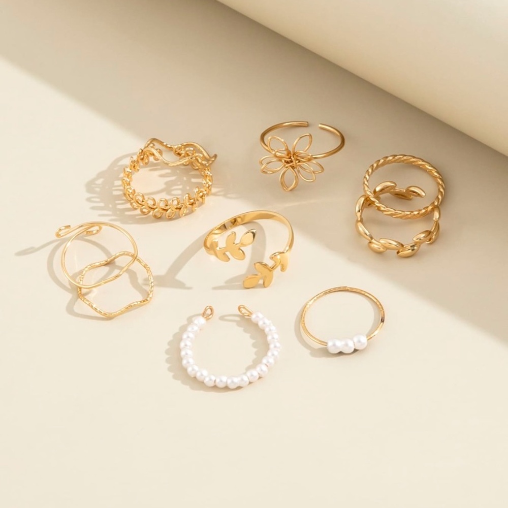 Boho Gold tone Floral Pearl Leaf Ring set - Picture 3 of 4